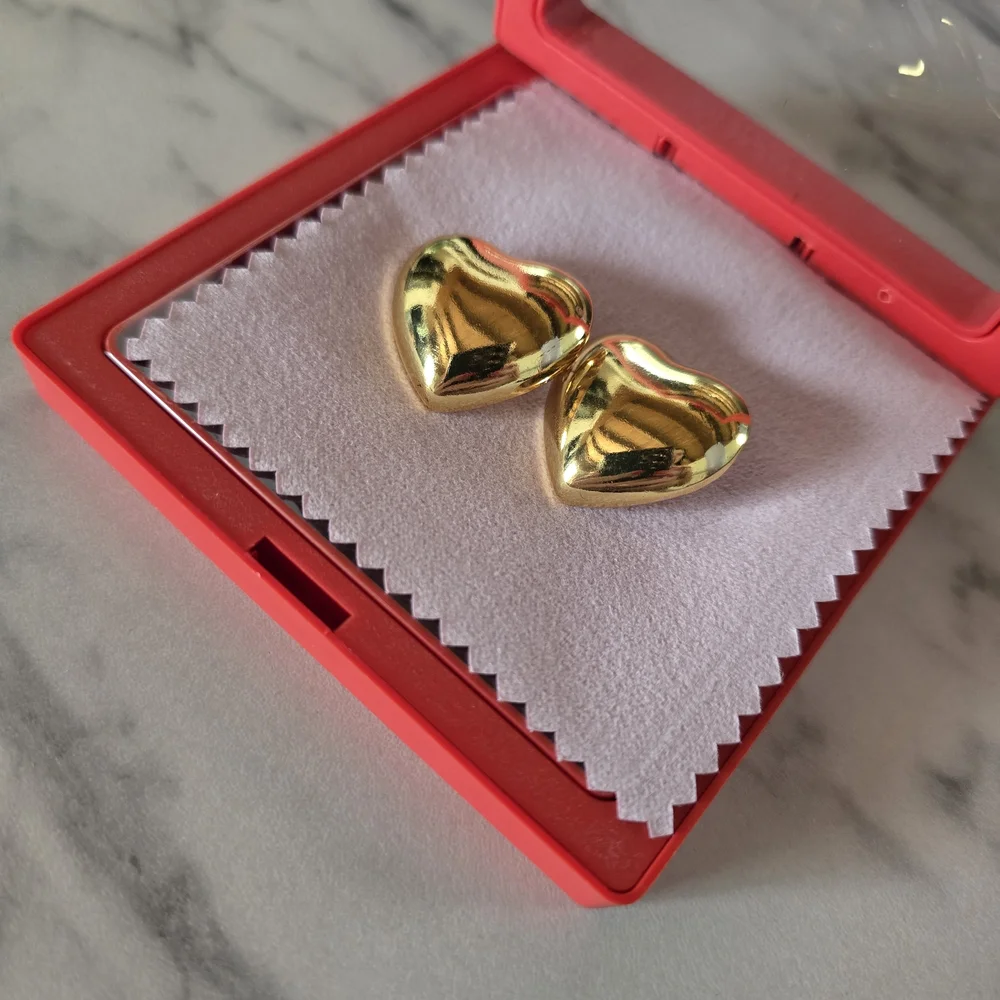 โจ Stainless Steel Gold Puffy Heart Stud Earrings โจ - Picture 3 of 8